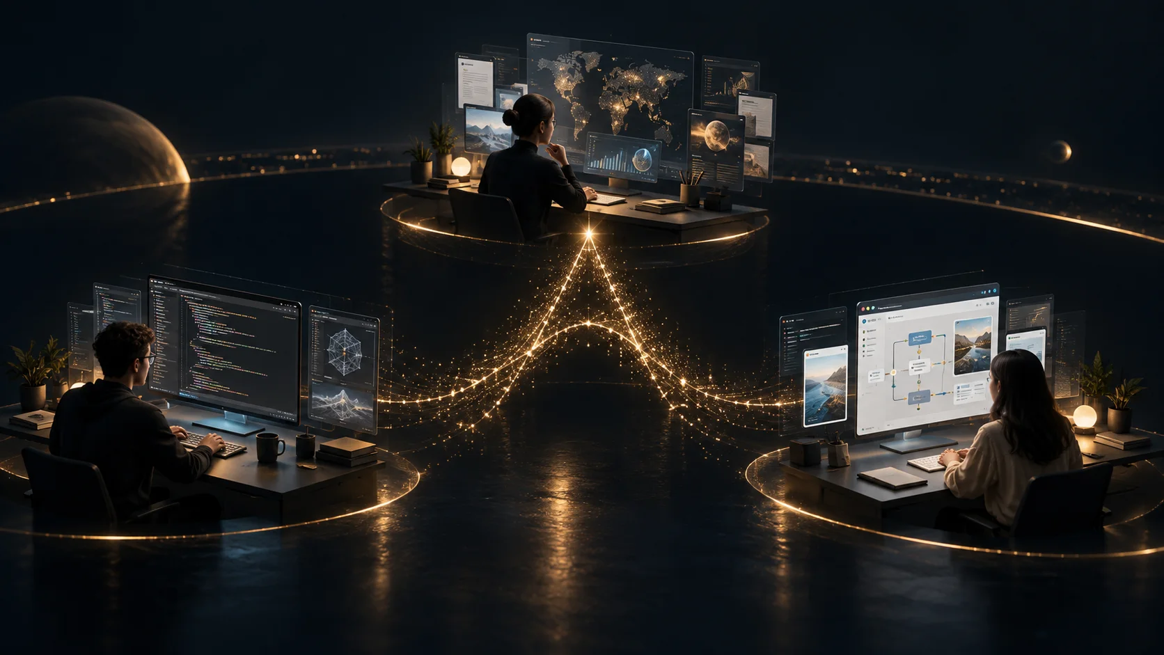 Original editorial illustration showing software engineering, research analysis, and automated product workflows connected by a glowing Astra letter A.
